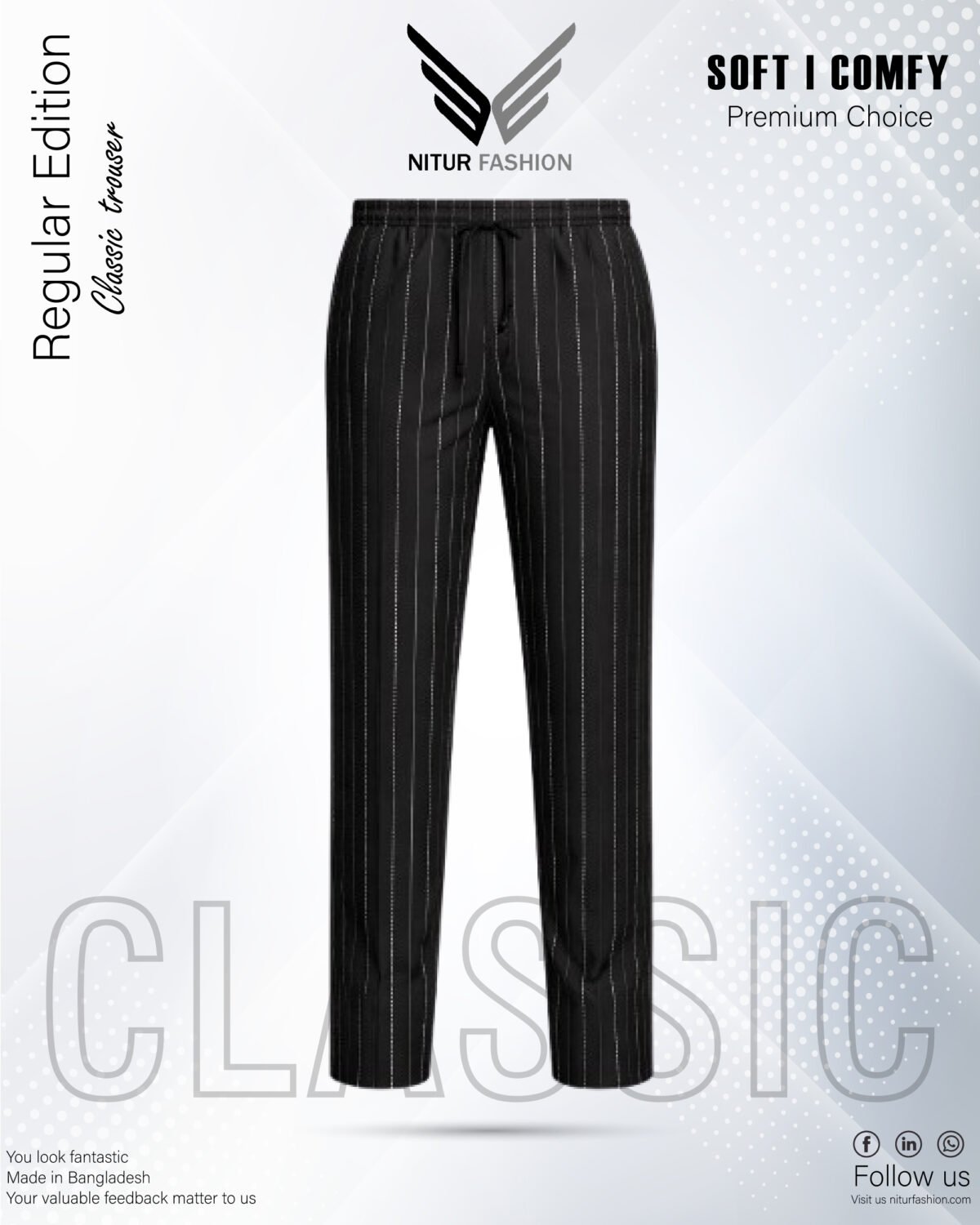 Signature Textured Striped Trousers – Midnight Black